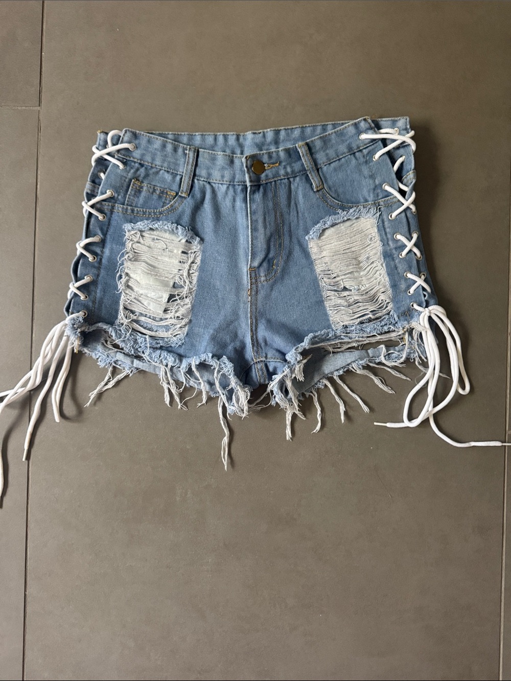 Distressed Lace-Up Denim Shorts - Light Blue size small